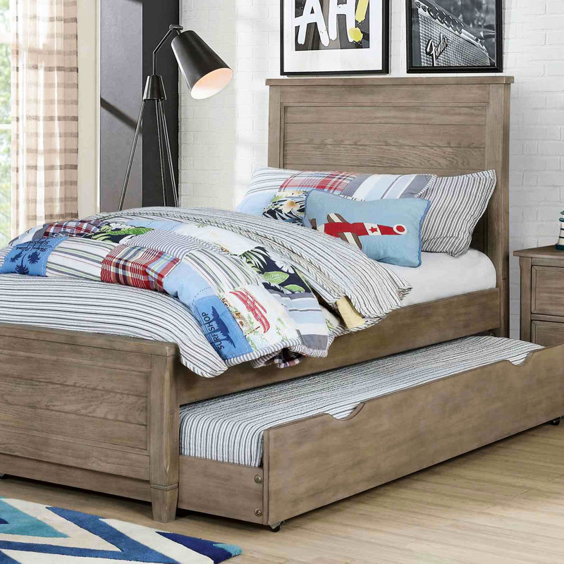 Lit simple avec lit gigogne, transitionnel, gris chaud brossé au fil de fer, bois massif, grain de bois pour la chambre à coucher