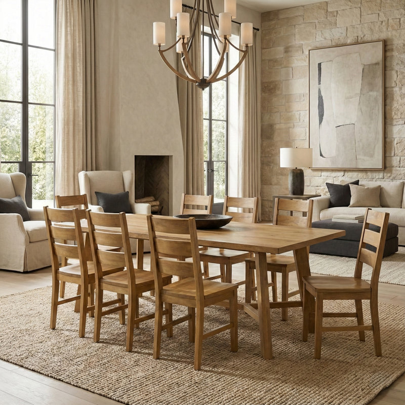 Alderon Modern Rectangular Dining Table Set, 9 Pieces: Table, 8 Chairs, Light Yellow Wood