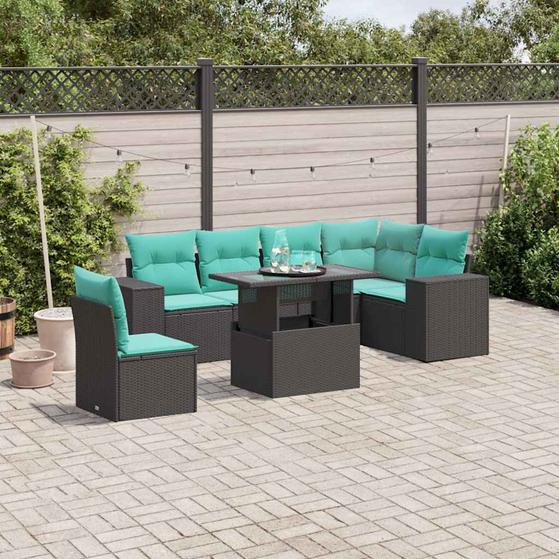 7 Piece Patio Sofa Set With Cushions Poly Rattan, Black, Light Blue