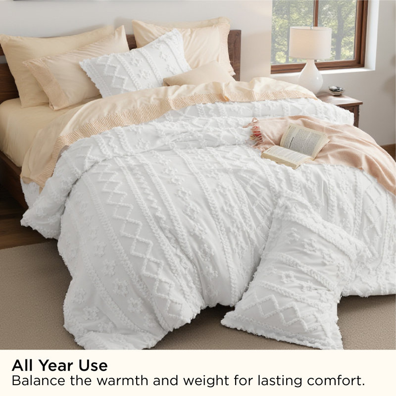 Ensemble d'édredon pour grand lit surdimensionné touffeté Bohème - Ensemble de literie en jacquard de style campagne blanc vif 3 pièces avec broderie, douceur toutes saisons pour chambres douillettes et cadeaux Boho-Chic