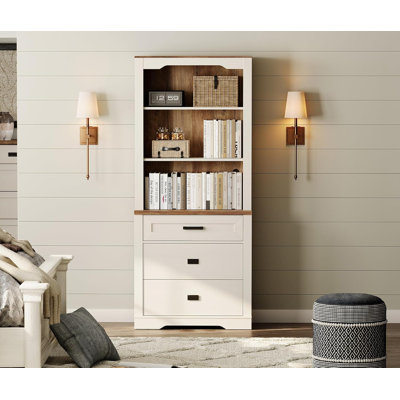 73.3-Inch Tall 3-Tier Farmhouse Bookshelf With 3 Drawers - Freestanding Storage Cabinet For Bedroom, Living Room & Home Office - Rustic Library Shelf, Open + Closed Display, Space-Saving