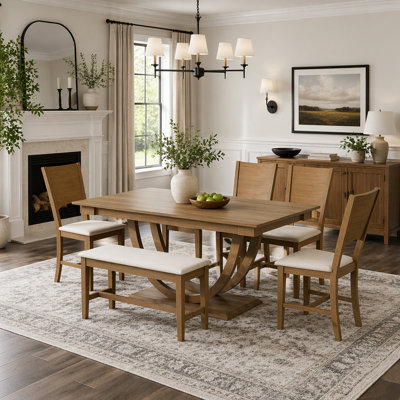 6-Piece Wood Half Round Dining Table Set Kitchen Table Set with Long Bench and 4 Dining Chairs, Modern Style, Brown