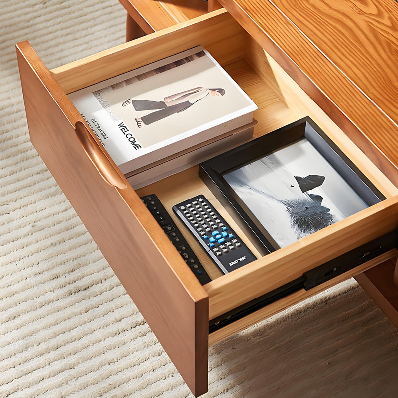 Table basse en bois massif avec rangement en rotin, Brun