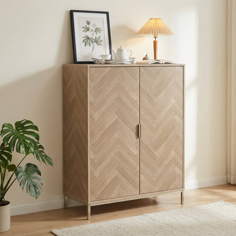 Toraino 43.3‘’H Modern 2-Door Storage Cabinet with Herringbone Doors & Gold Legs