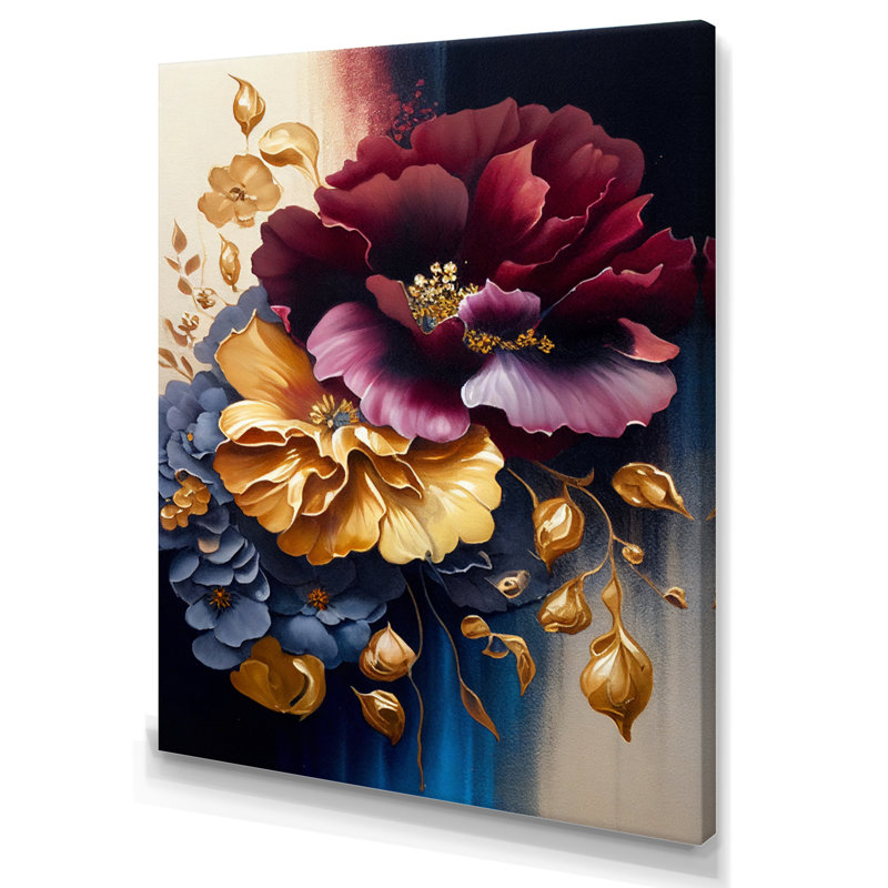 Bourgogne et bouquet floral bleu II - impressions sur toile florales, Toile tendue, H 20 po x l 12 po x P 1 po