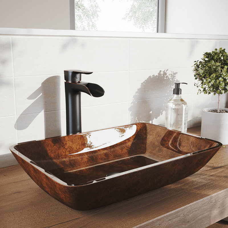 Lavabo de salle de bain vasque rectangulaire en verre avec robinet H 11 po Onyx, Bronze huilé antique, Rouge et brun fusion