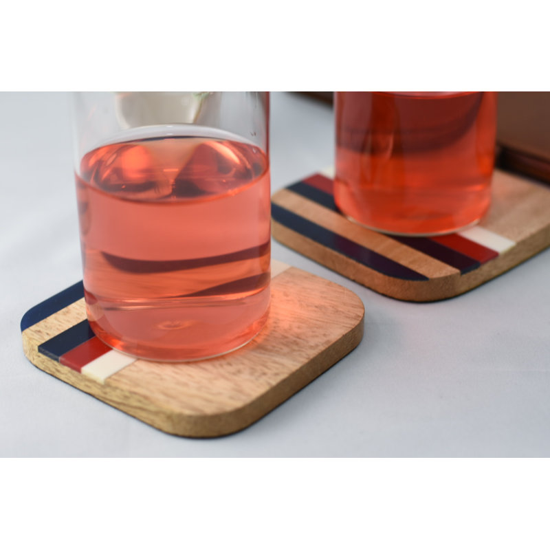 Wood 6 Piece Coaster Set With Holder, Brown, 3 Stripes
