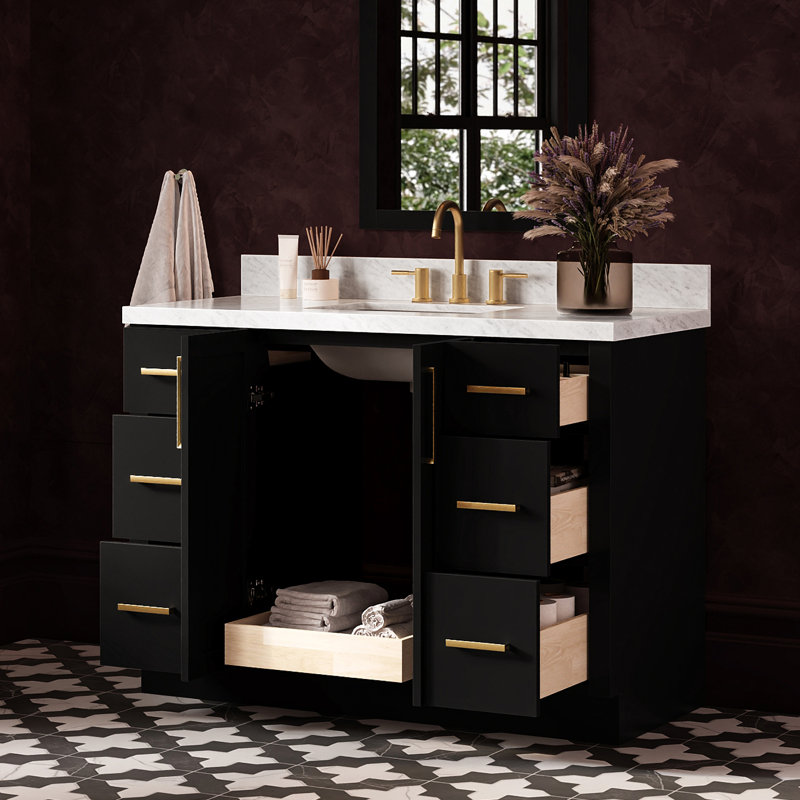   Kayleigh 49 Inch Single Rectangle Sink Bathroom Vanity with Carrara White Marble Countertop 1.5 Inch in Black, Rectangle