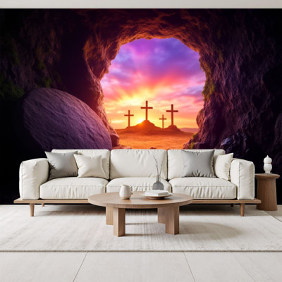 Peel and Stick Wallpaper Sunrise View from Cave Three Crosses Hill Religious Christian Wall Murals 69"H x 96"W Removable PVC Wall Paper Self-Adhesive Wall Decor for Bedroom Living Room Home Office