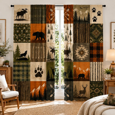 Rideaux en patchwork (lot de 2) à motifs d'animaux de la forêt (élan, loup, ours et paysages de montagne), style rustique, décoration chalet, habillage de fenêtre décoratif, idéal pour le salon, la chambre, un chalet ou comme cadeau pour les amoureux de la nature, installation par œillets, tissu filtrant la lumière