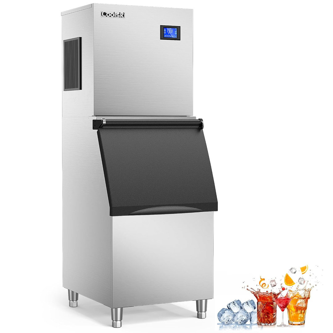 Coolski Commercial Ice Machine 350 lb. Daily Production Clear Cube Ice, Freestanding Ice Maker For restaurants Bars Hotels, Stainless Steel Coolski