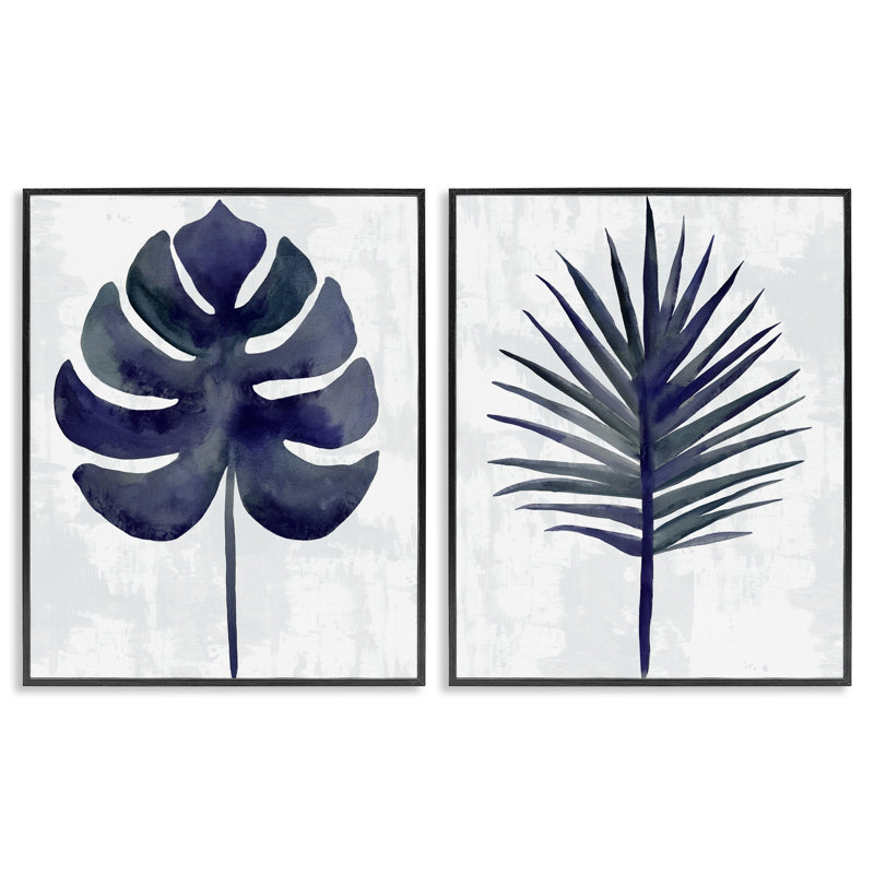 Ensemble de 2 giclées encadrées bleu marine Monstera & Fan Palm, design par Christie Adams, H 30 po x l 48 po