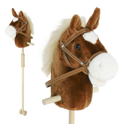 Unicorn Plush Hobby Horse w/ Wood Wheels, Real Sounds for Kids, Brown