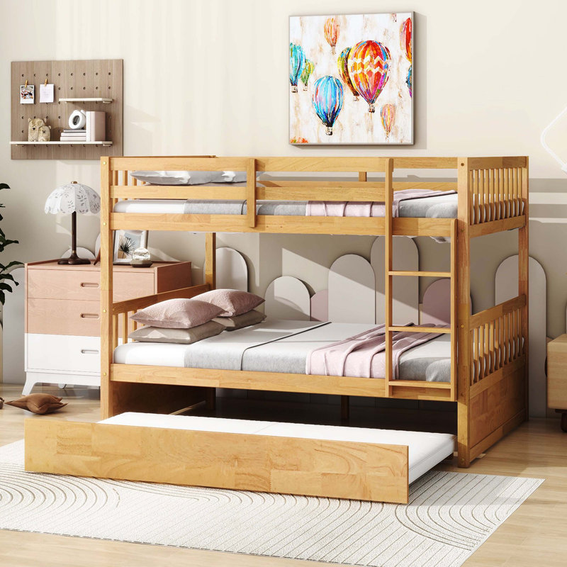 Lit superposé double en bois d'hévéa double avec lit gigogne simple, échelle et garde-corps, convertible en 2 lits doubles, naturel