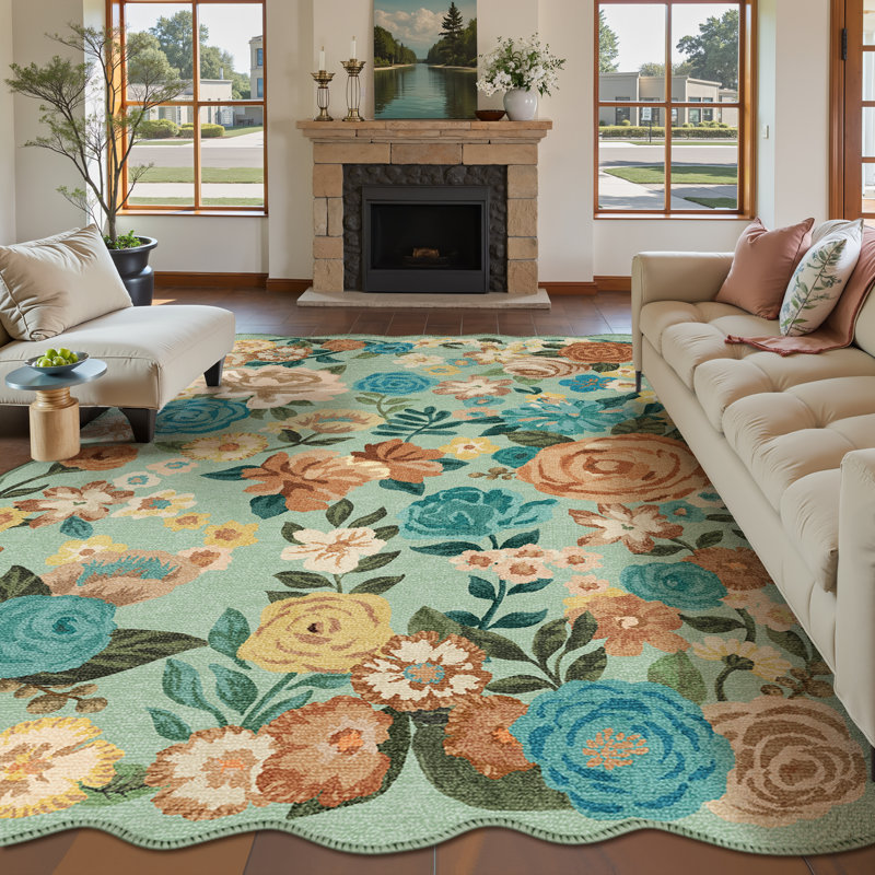 Johy Modern Floral Machine Washable Area Rug with Non-Slip Backing, Rectangle 9' x 12'