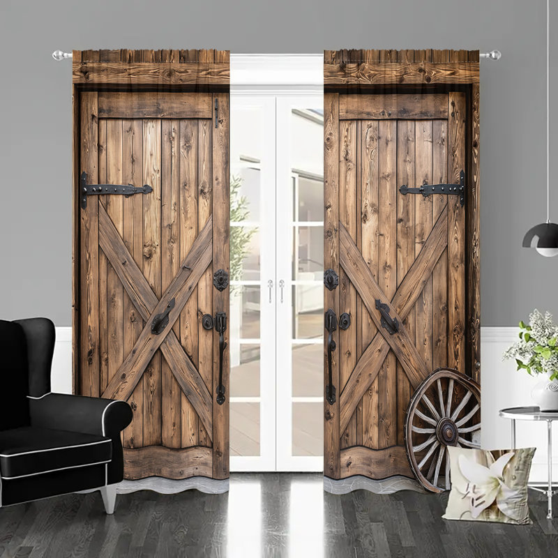 2Pcs Rustic Barn Door Curtains Rod Pocket Farmhouse Style Vintage Country Design Window Treatment Panels with Cross Pattern Iron Hardware Decorative Light Filtering for Living Room Bedroom Cabin Home Decor
