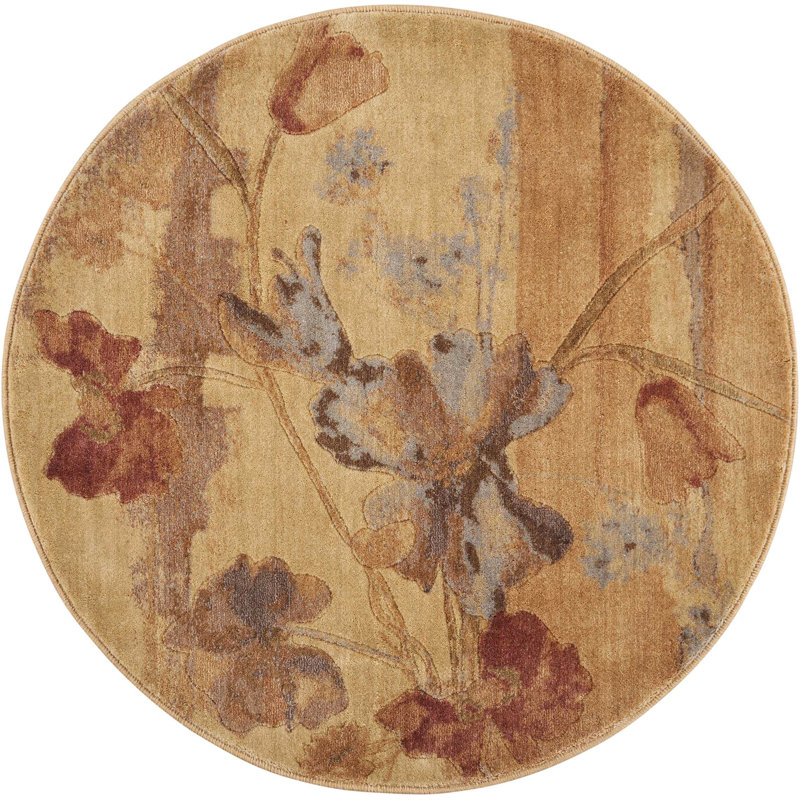 Tapis beige à motif floral Arnim, Rond 3 pi 6 po