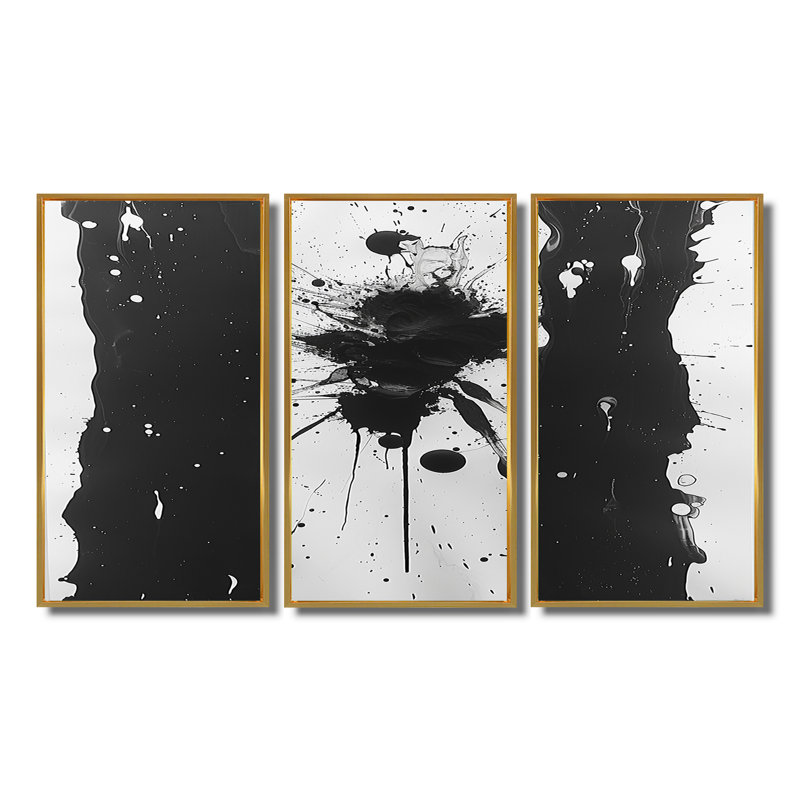 «Sudden Chaos», art mural abstrait noir et blanc, encre liquide, Cadre flottant doré, H 40 po x l 60 po x P 1 po