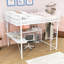 Lit mezzanine en métal avec bureau en forme de L, bande lumineuse à DEL, station de charge, plateau de tour pour PC et zone de suspension-129458570-129458569