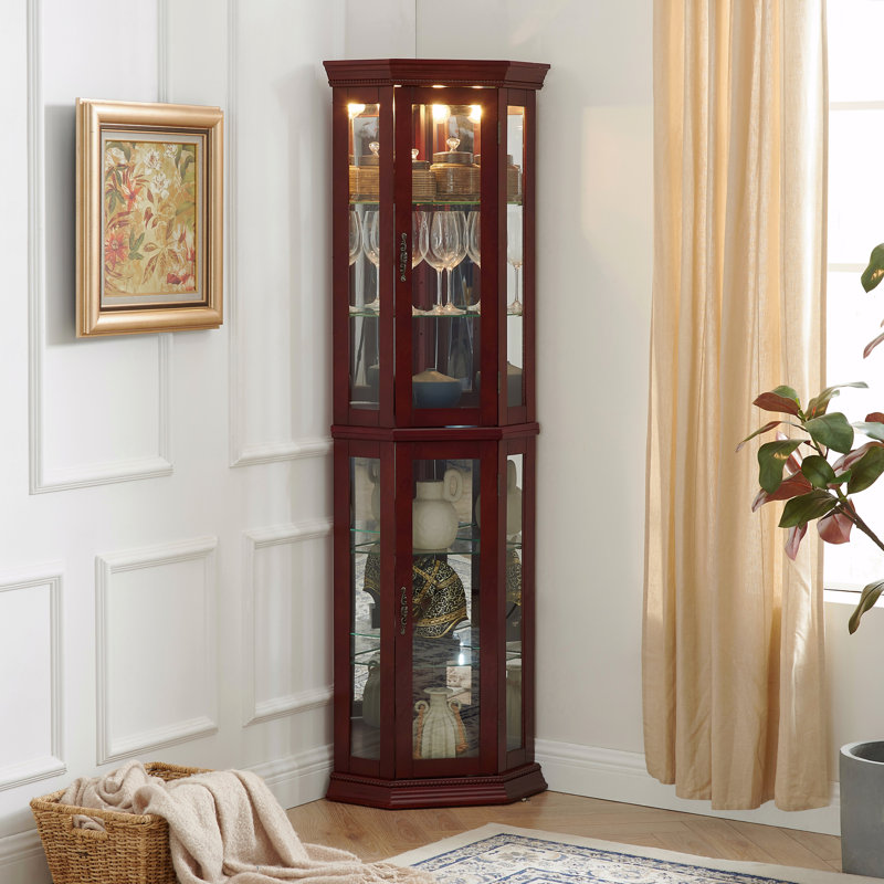 Display Cabinet, Glass, Corner With Lights, Adjustable Tempered Shelves, Mirrored Back