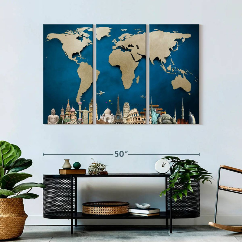 Carte du monde océan bleu 3 pièces, H 32 po x l 50 po x P 1,25 po