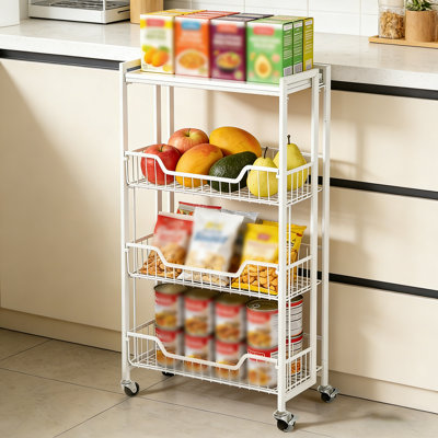 Foldable Kitchen Cart on Wheels, Iron and Wood Rolling Storage Cart with 3-Tier Shelves, Utility Kitchen Organizer for Fruit Vegetable Snack Pantry, Space-Saving Cart for Home, White