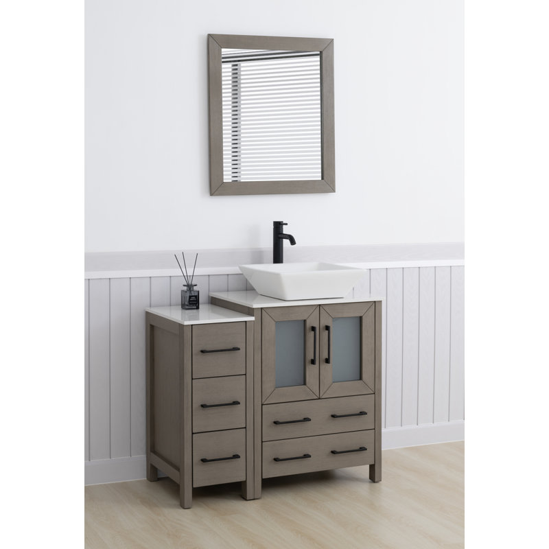 Ensemble de meuble-lavabo sur pied 36 po avec plateau en marbre et miroir assortis Ravenna, Bois flottant gris