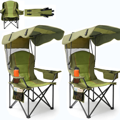 Chaise de camping pliante avec auvent amovible, chaise d'extérieur robuste de 500 lb avec siège rembourré, tissu Oxford 600D, chaise de jardin et de plage portable