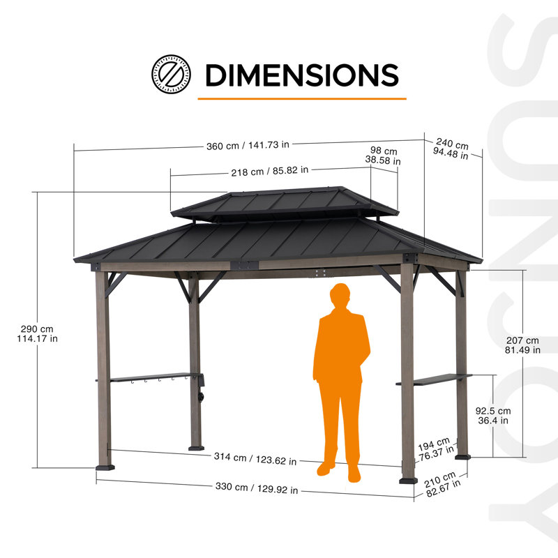 Sunjoy 3.6x2.4m Wood Frame Grill Gazebo, Anthracite Hardtop With Electrical Outlets & Shelves