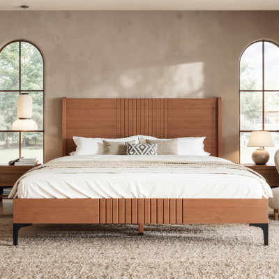 Grand lit plateforme en bambou, cadre de lit de style Mid-Century moderne avec tête de lit haute de 37,4 po, base de lit en bambou massif, support de lattes en bois naturel