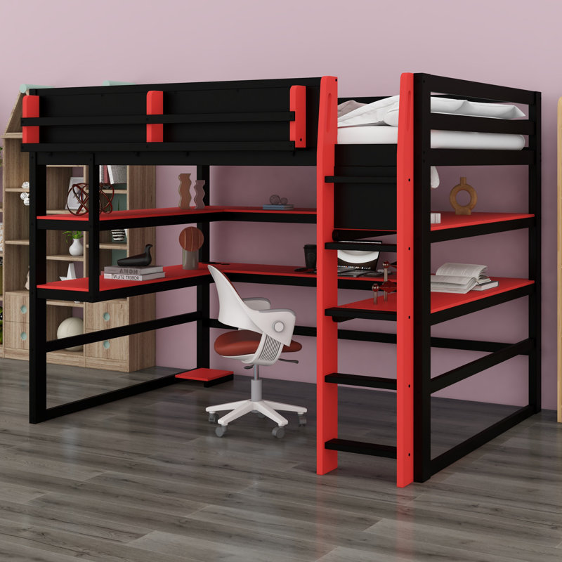 Lit mezzanine avec bureau, support de rangement latéral, tablettes multiples, Rouge