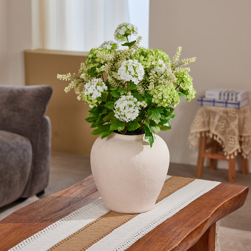 Fleurs d'hortensia artificielles 24 po avec vase beige - Faux fleurs d'hortensias artificielles, fausses fleurs d'hortensias, fleurs artificielles en pot pour la décoration de salon, de table à manger, de bureau