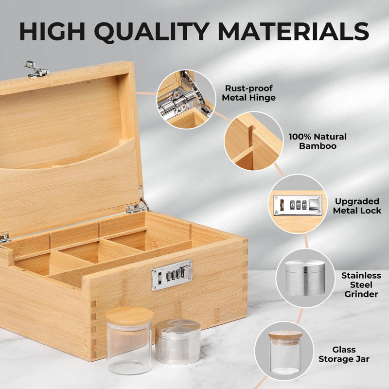 Stash Box With Rolling Tray, Smell Proof Large Bamboo Storage Box With Lock, Decorative Box Set Includes Glass Jars & Grinder