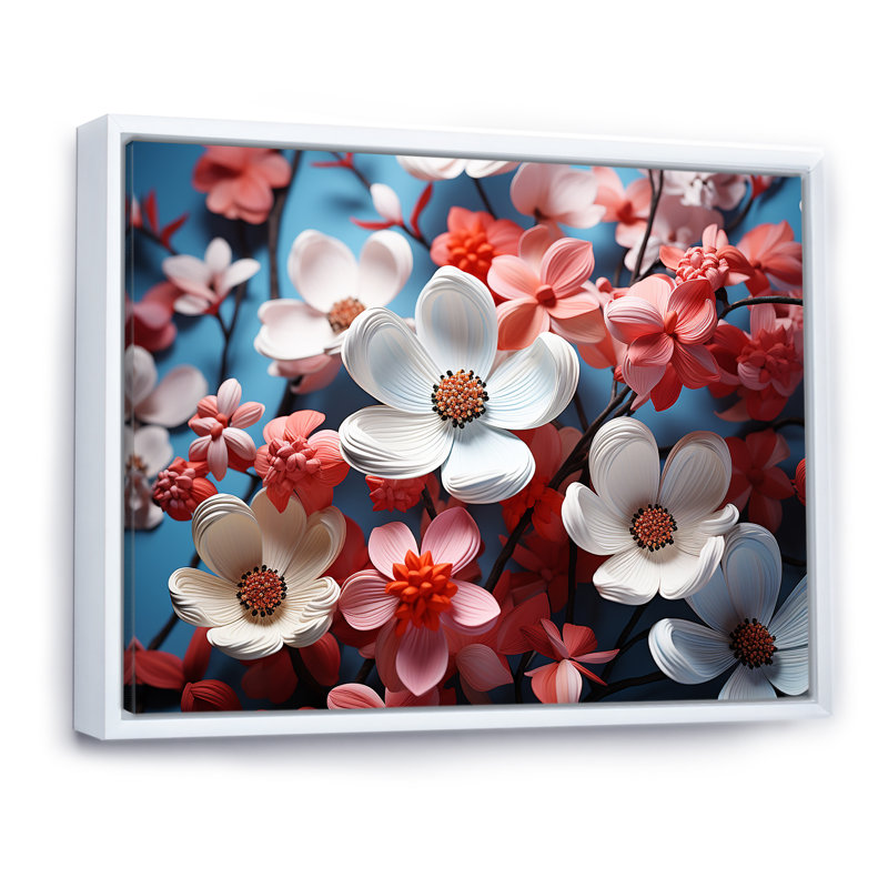 Fleurs de cornouiller blanches et roses sur toile, Cadre flottant blanc, H 24 po x l 32 po x P 1 po