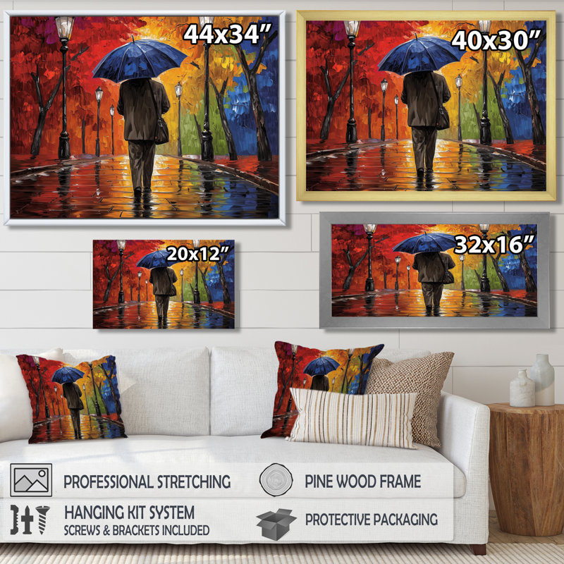 «Man Walking Under The Rain In Paris - Landscape», reproduction d'art mural, Reproduction encadrée, Noir, H 12 po x l 20 po