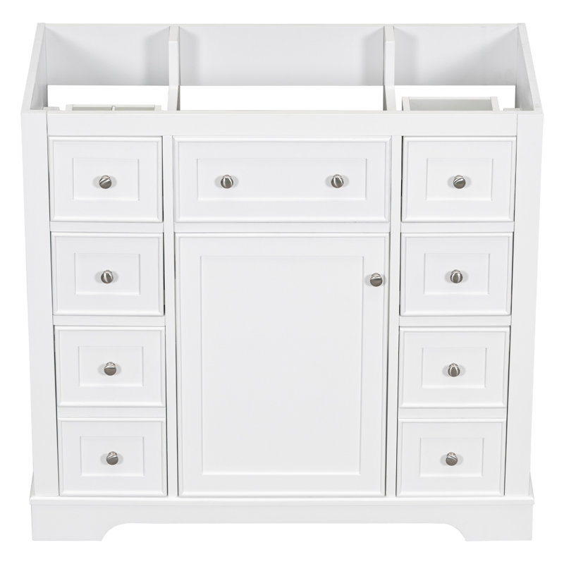 Base de meuble-lavabo blanc 36 po, 1 armoire et 6 tiroirs, en bois massif et de construction, moderne, peint, assemblage requis en blanc, avec surface peinte,