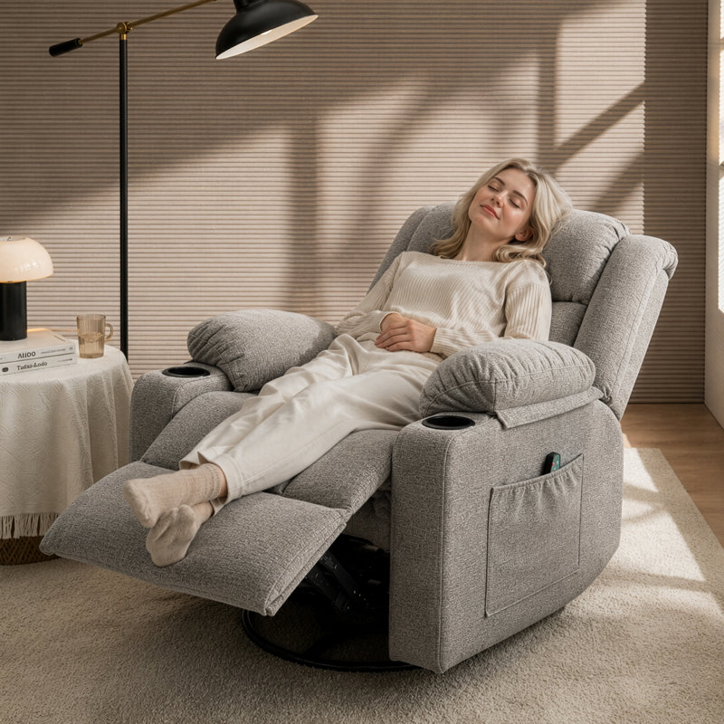 Latitude Run® Swivel Rocker Recliner Chair with Massage and Heat, Limestone