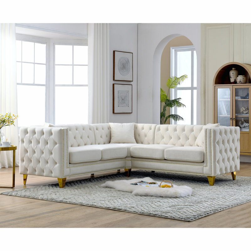 Canapé d'angle en velours, canapé modulaire en L, Beige