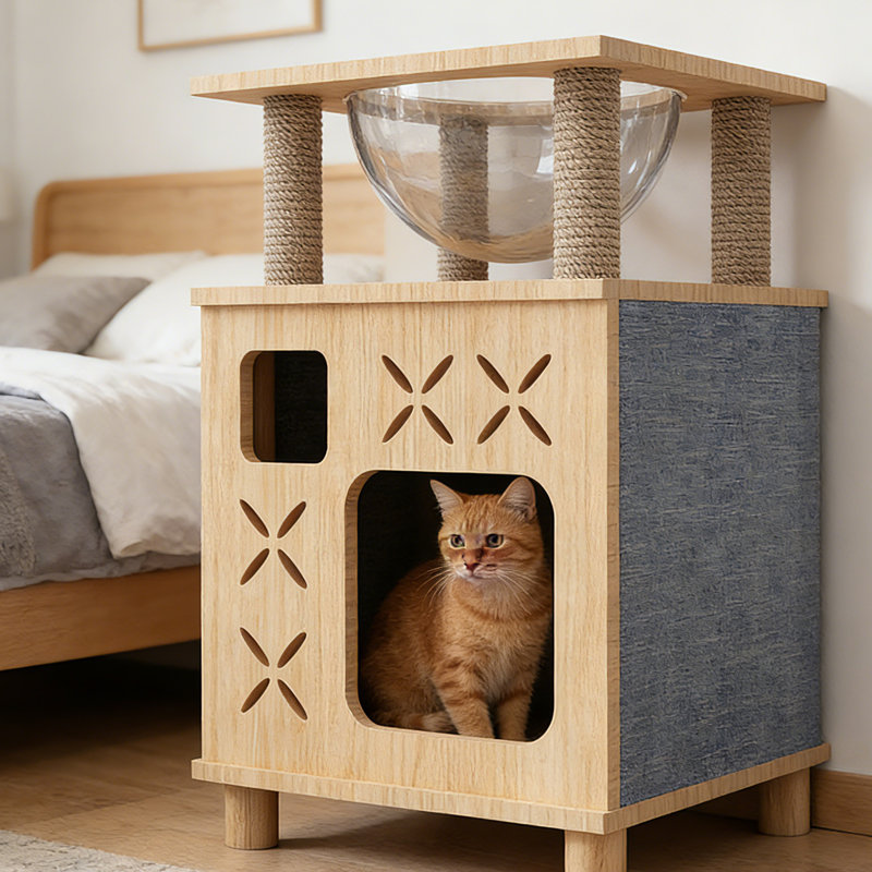 Multi-functional All-in-one Solid Wood Cat Condo