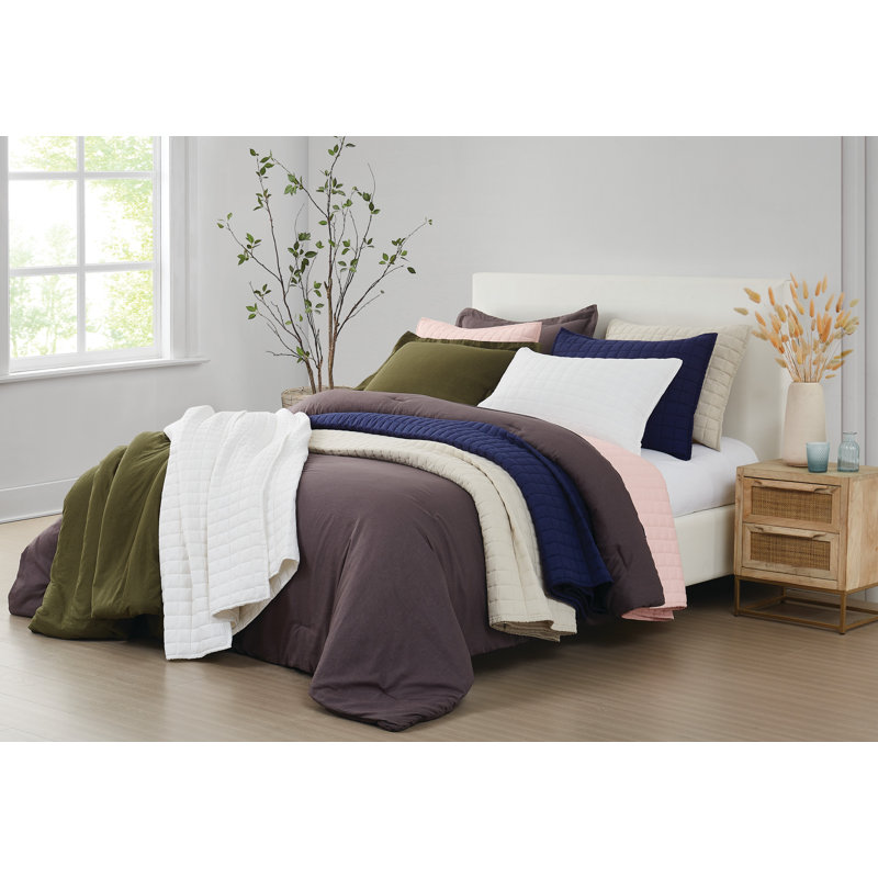 Brooklyn Loom Solid 100% Linen Comforter Set, Queen Comforter + 2 Standard Shams, Rust