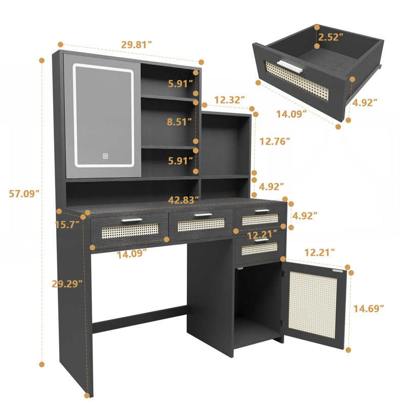 Multifunctional Makeup Vanity with Adjustable LED Lights, Storage Drawers, and Cabinet for Organized Beauty Space, Black