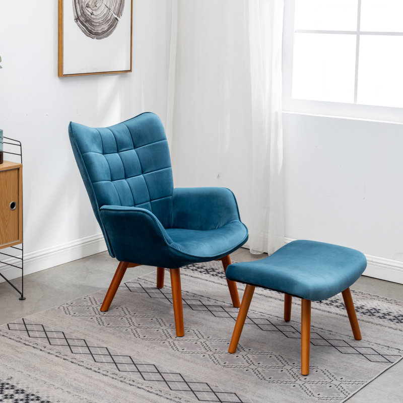 Battistina Velvet Armchair with Ottoman, Blue