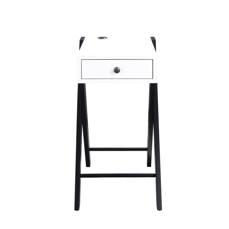 Table Hip blanche et noire avec fonction de chargement et compartiment de rangement dissimulé chic avec espace de tiroir dissimulé pour une apparence propre