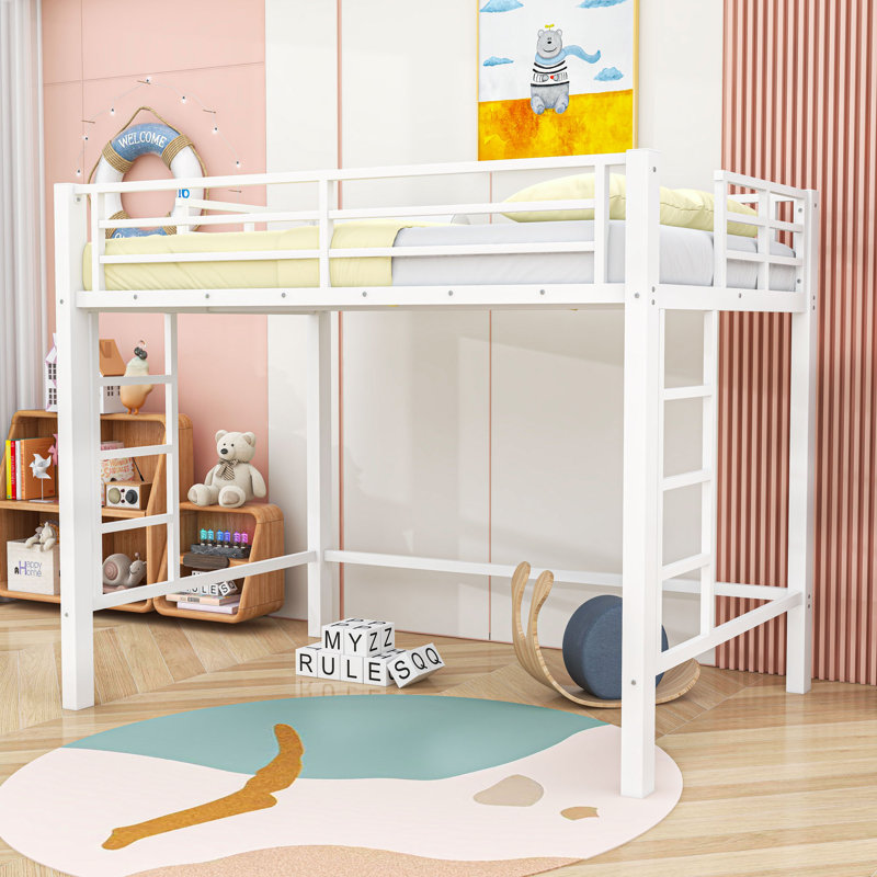 Metal Loft Bed with Guardrails, Ladder and Slats, Full