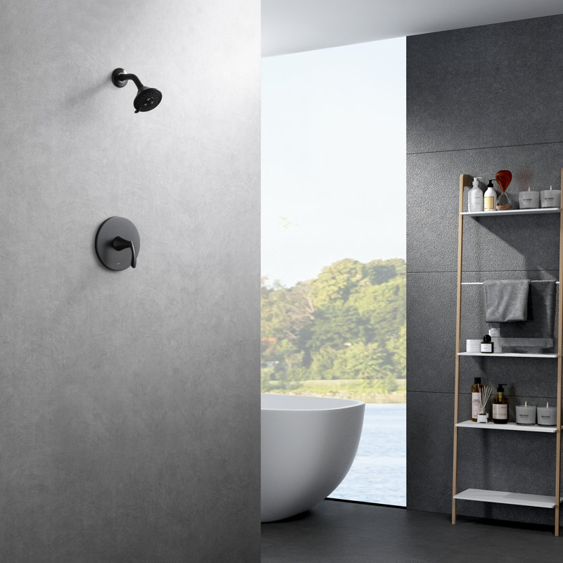 Garniture de douche de la collection Stilleto seulement: pomme de douche ronde à 3 fonctions de 4 po, ensemble de poignées simples et soupape brute incluse - bronze huilé