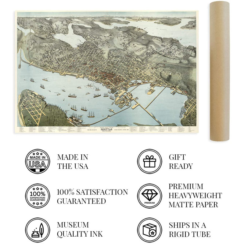 1891 Seattle Map, affiche sur papier, H 16 po x l 24 po x P 0,1 po