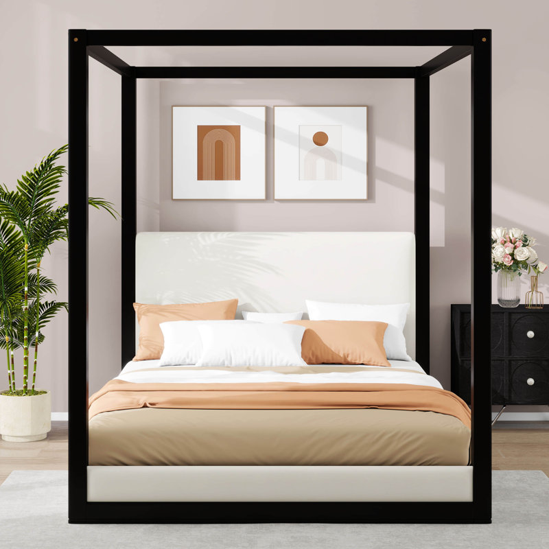 Lit plateforme avec tête de lit tapissier et auvent, Black, King