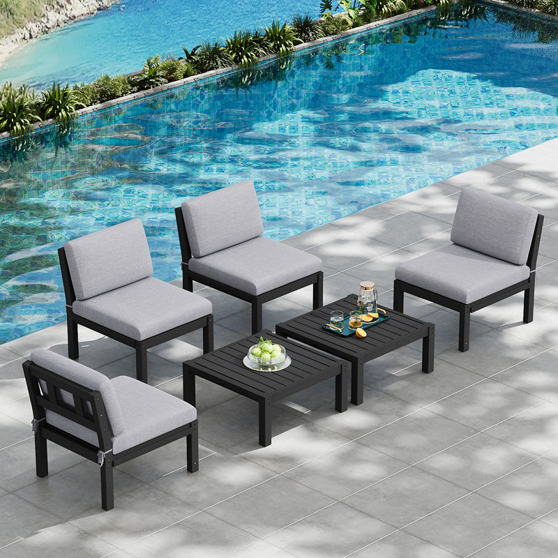 Ensemble de conversation modulaire de patio pour 4 personnes avec coussins, ensemble de conversation de 6 pièces imperméable toutes saisons pour l'extérieur, noir