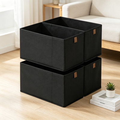 Bacs de rangement en tissu avec poignées en cuir PU, paniers étroits pour organiser les tablettes, les placards et les espaces restreints, petits bacs pour vêtements, livres et jouets, conception pliable, noir, paquet de 4