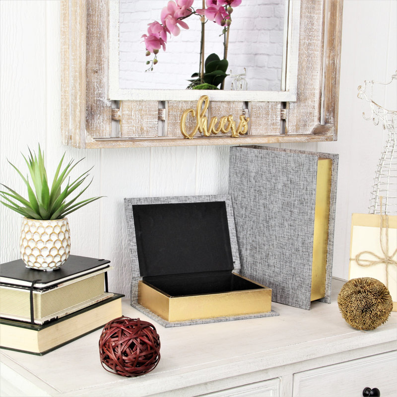 Gray Fabric Lidded Book Box Set with Gold-Finished Pages